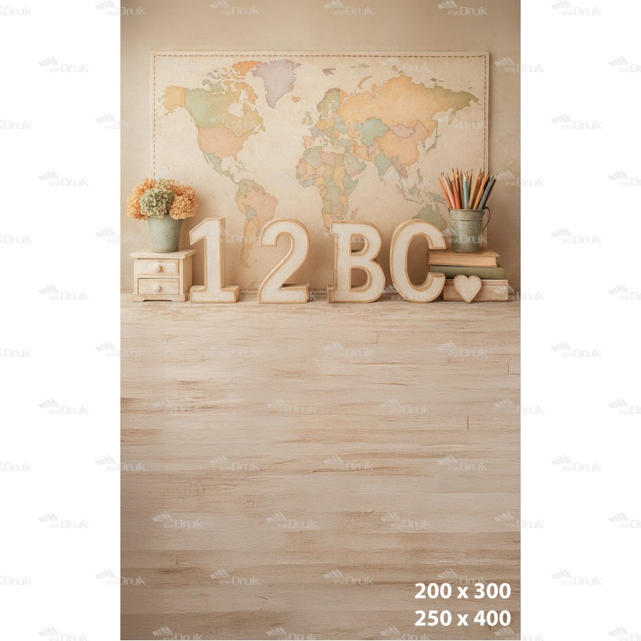 Tło fotograficzne szkolne – pastelowa mapa świata z dekoracjami vintage | 3684
